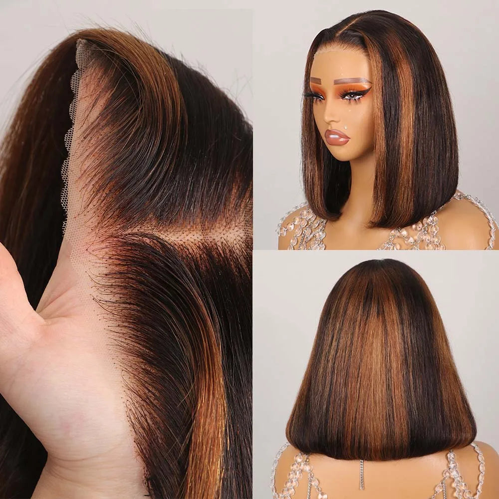Highlight 6x5 Glueless Wig Wear and Go Human Hair Short Bob Wig 13x4 Transparent Lace Frontal Wigs Pre Cut Lace Bleached Knots